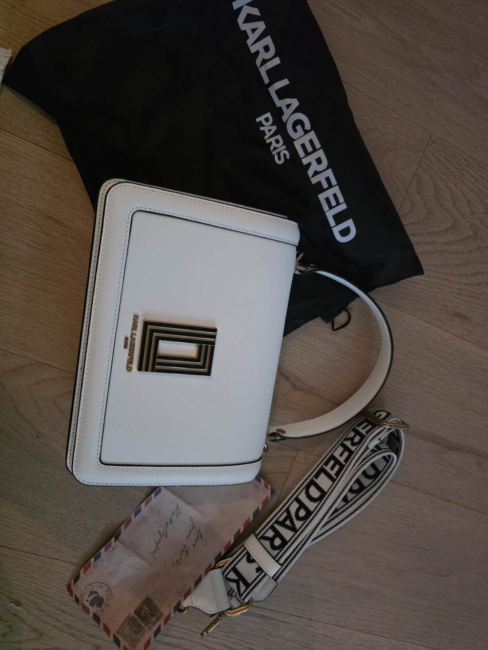 Karl Lagerfeld White Leather Shoulder Bag with Gold Hardware and Branded Strap